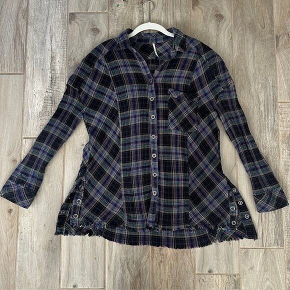 Free People Juniper Ridge Snap Side Plaid Button Down Medium Raw Hem - Picture 3 of 11
